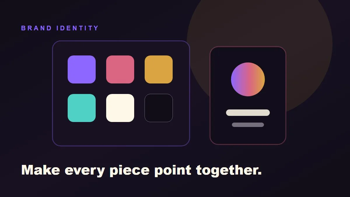 Brand identity workspace showing a logo, color palette, typography, and layout samples