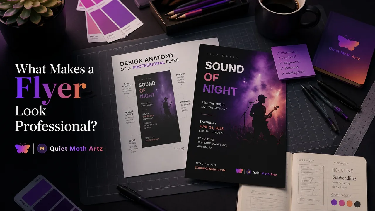Professional event flyer mockups arranged beside layout notes on a design desk