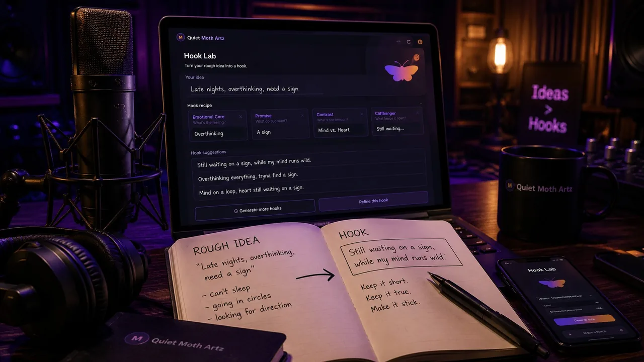 Lyric notebook and microphone arranged for writing and testing a song hook