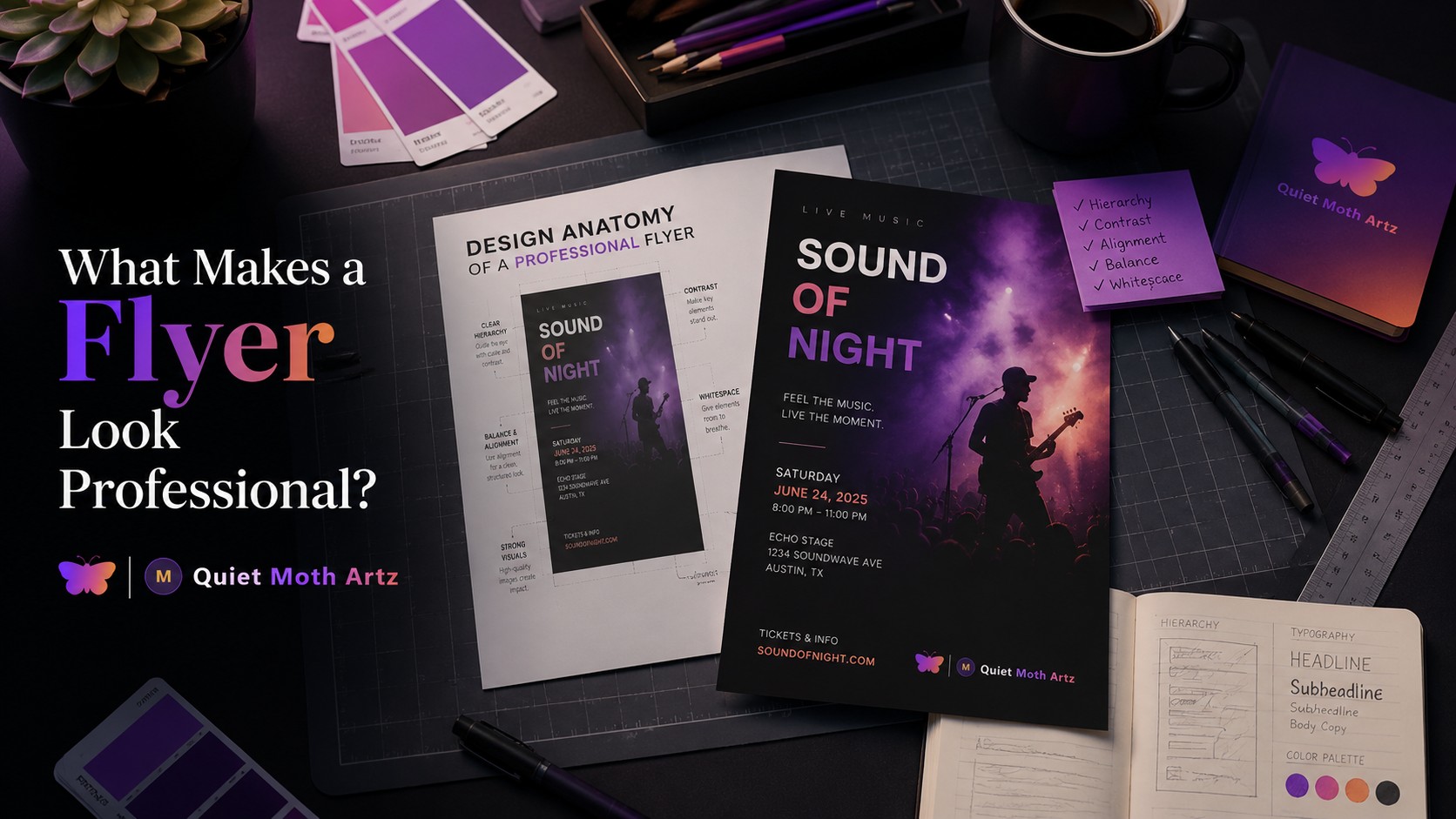 Professional Flyer Design Example - Quiet Moth Artz Designer workspace with professional flyer mockups and layout planning
