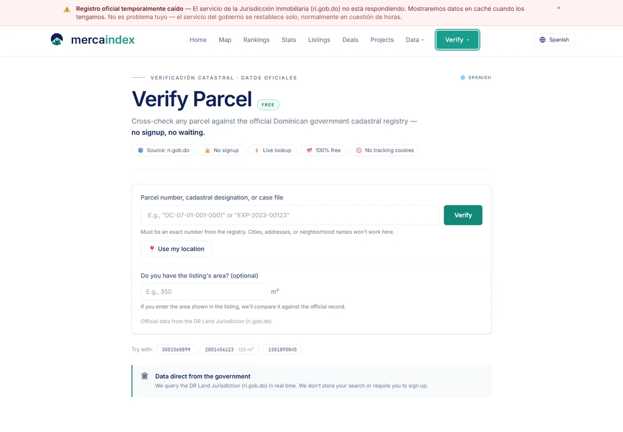 Parcel verification search page