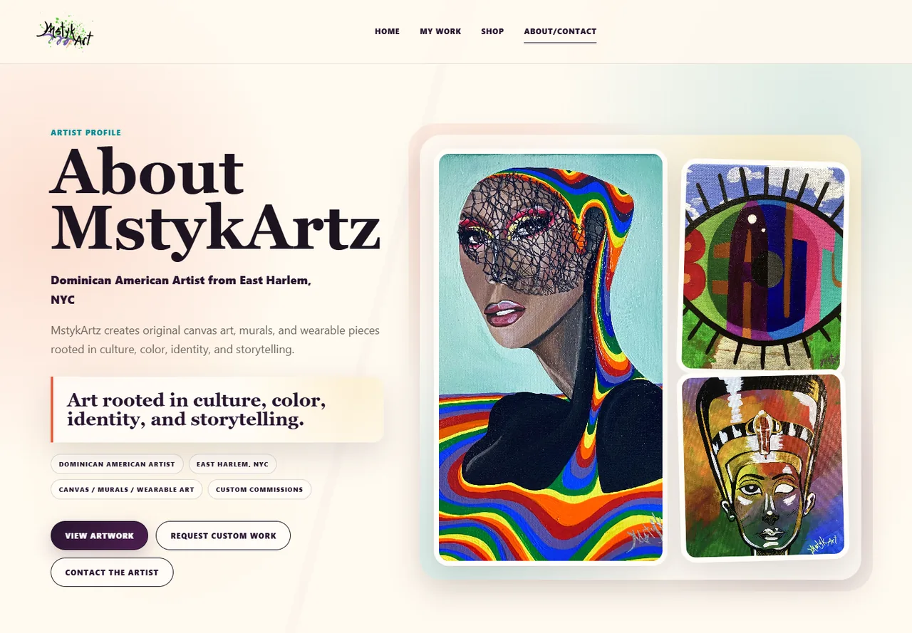 MstykArtz About and Contact page with artwork presentation