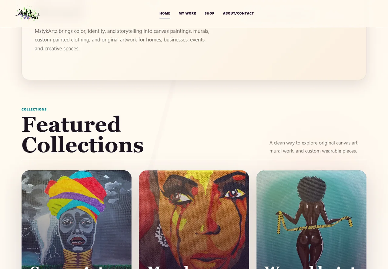 MstykArtz featured collections section displaying artwork categories