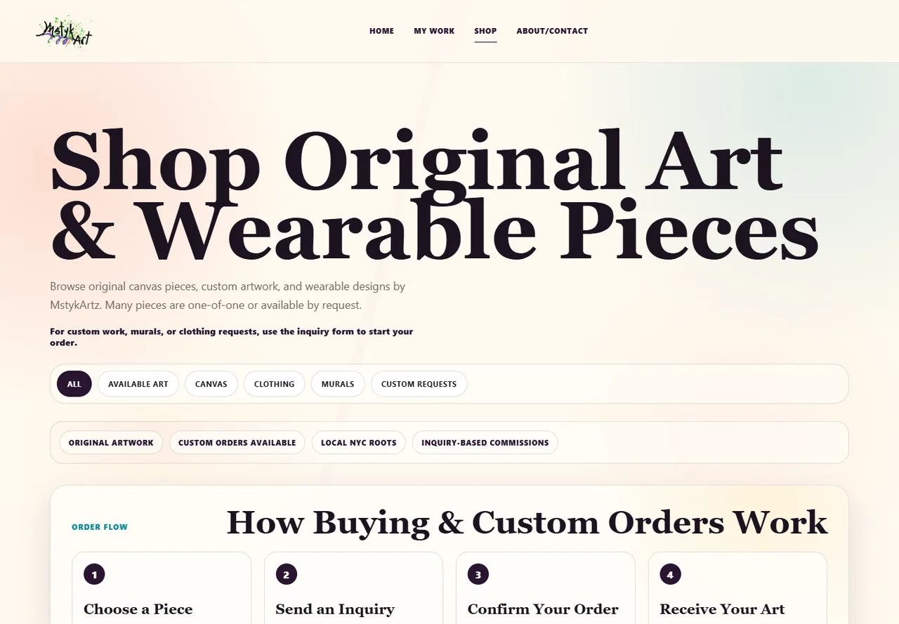 MstykArtz shop page organizing original art and wearable pieces