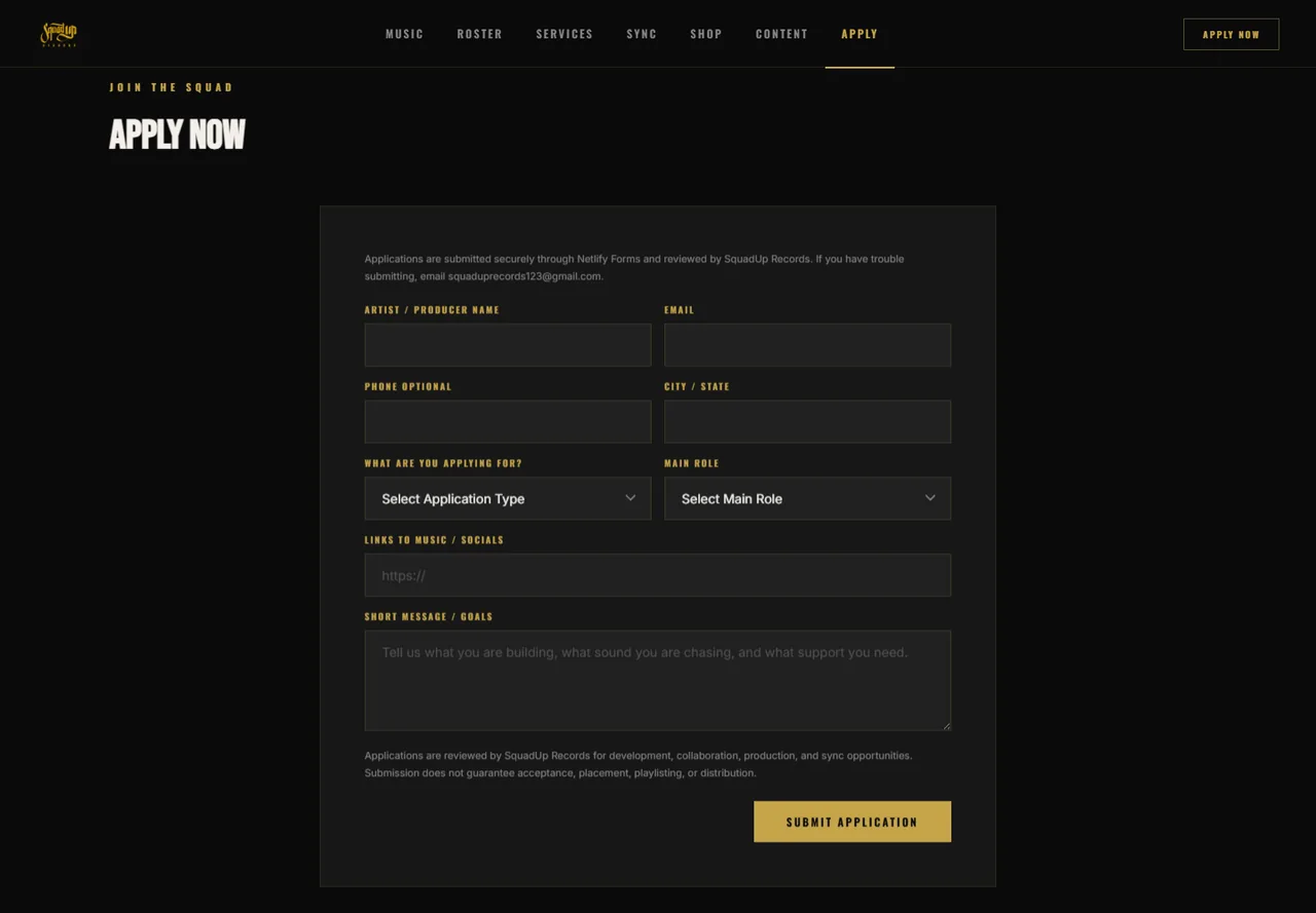 SquadUp Records public application form page