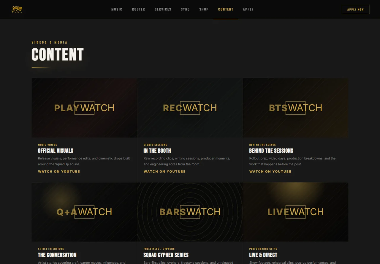 SquadUp Records content page with video and editorial categories