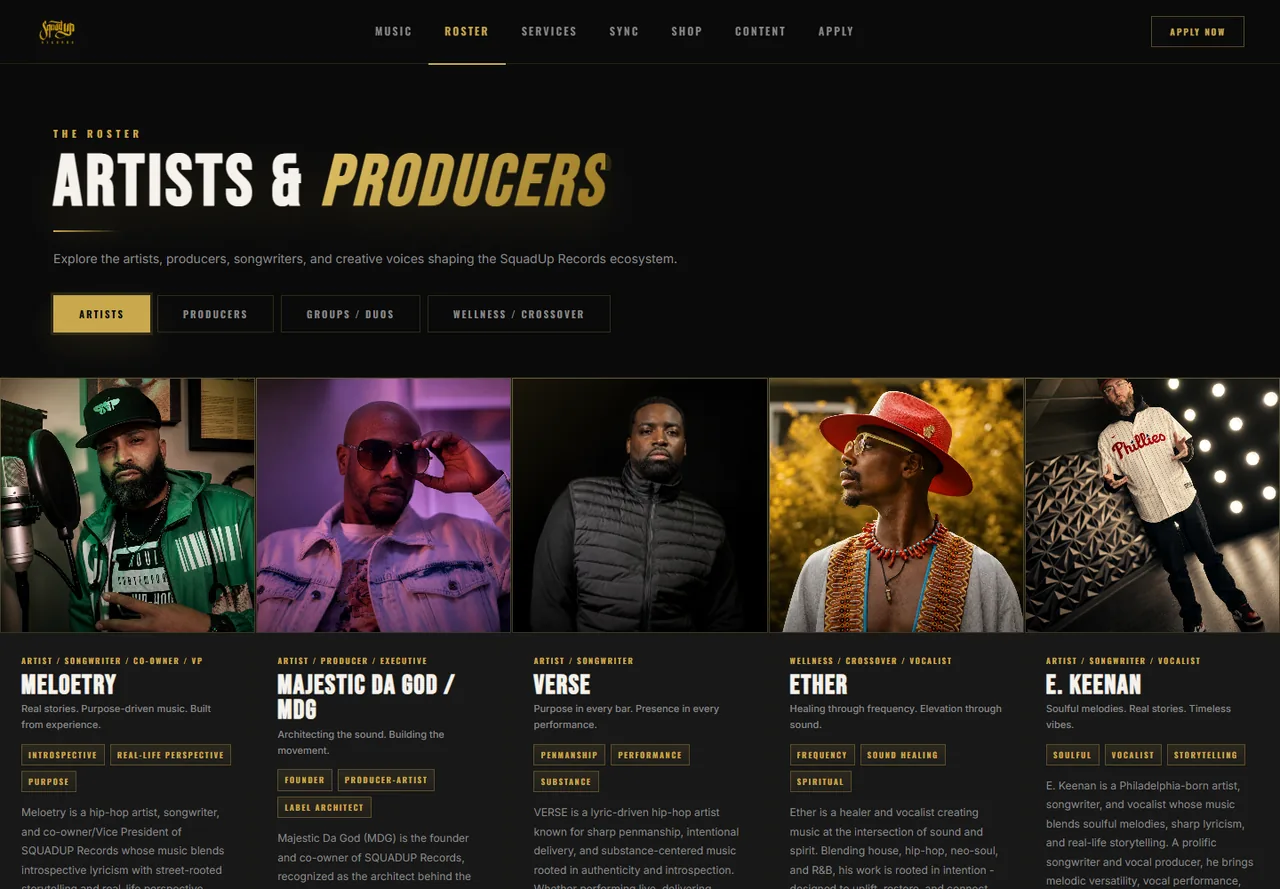SquadUp Records roster page with artist and producer categories