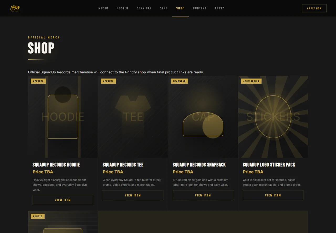 SquadUp Records shop page with branded merchandise categories
