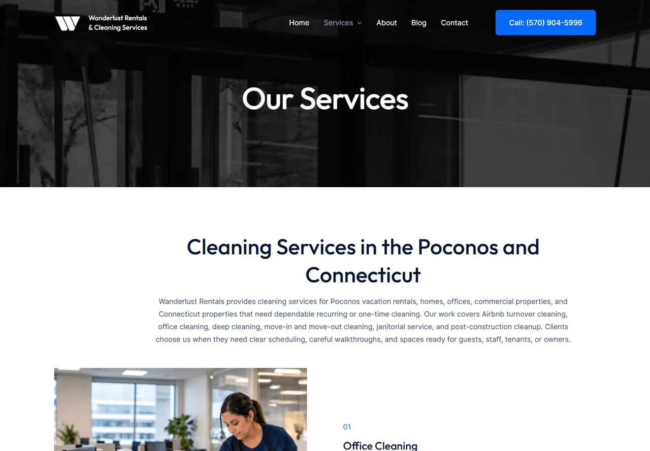 Cleaning services overview page